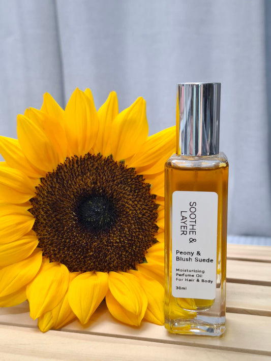 Soothe & Layer Moisturising Perfume Oil Collection - Peony & Blush Suede 30ml Spray Glass Bottle