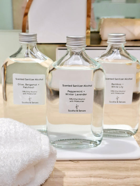 Scented Sanitizer Alcohol 350ml in Repurposed Glass Bottle - Olive, Bergamot + Patchouli